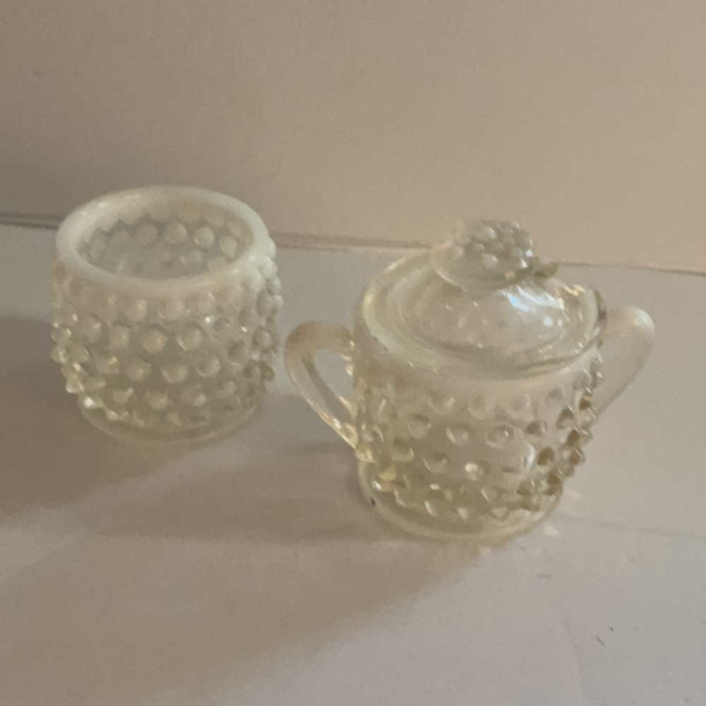 Fenton Opalescent Moonstone Glass Hobnail Sugar and Creamer Set